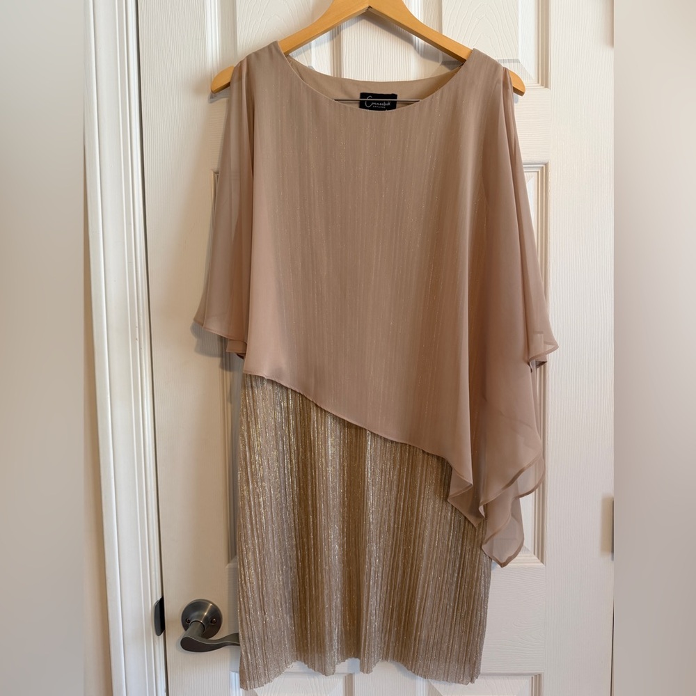 Connected Apparel Beige and Gold Asymmetrical Cape Dress Size 8 Petite